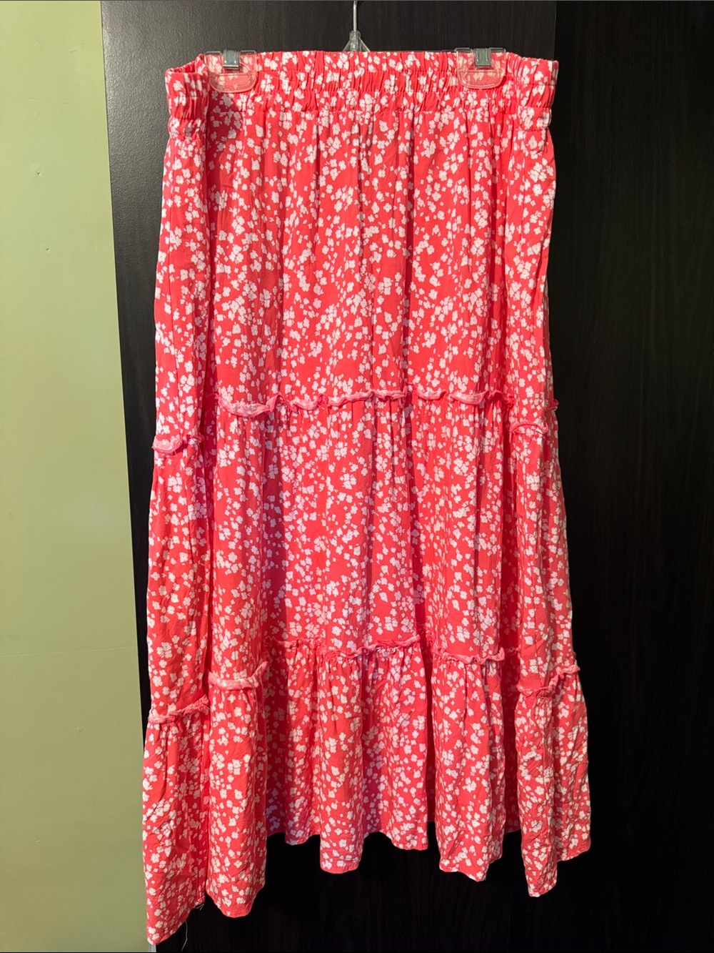 Bright Red Floral Tiered Maxi Skirt with Elastic Waist